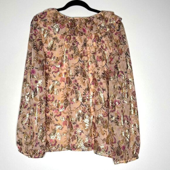 New LOFT Shimmer Floral Ruffle Tie Neck Blouse Women's Size XXL - Picture 6 of 7